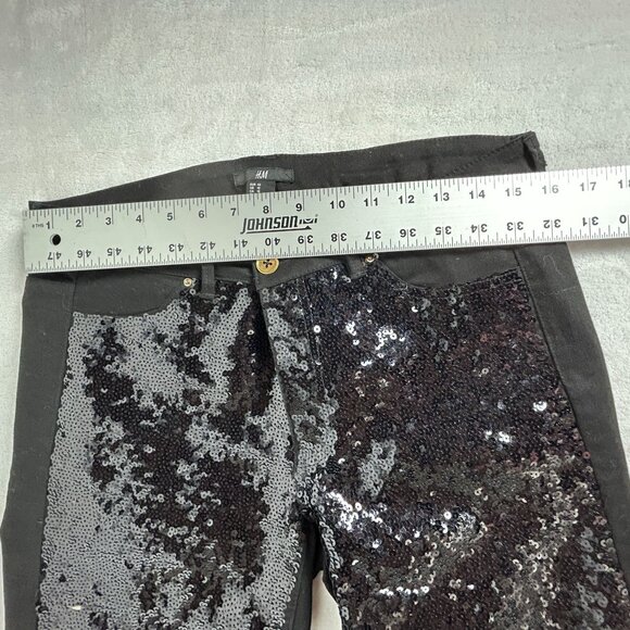 H&M Women's Black Sequined Skinny Pants Size 12 Mid-Rise Stretch Pockets Lined - Picture 4 of 8